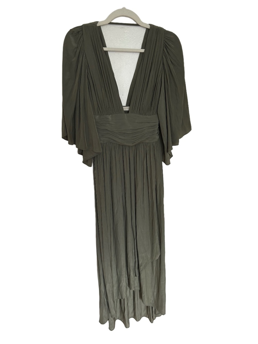 Ramy Brook Olive Green Pleated V-Neck Maxi Dress